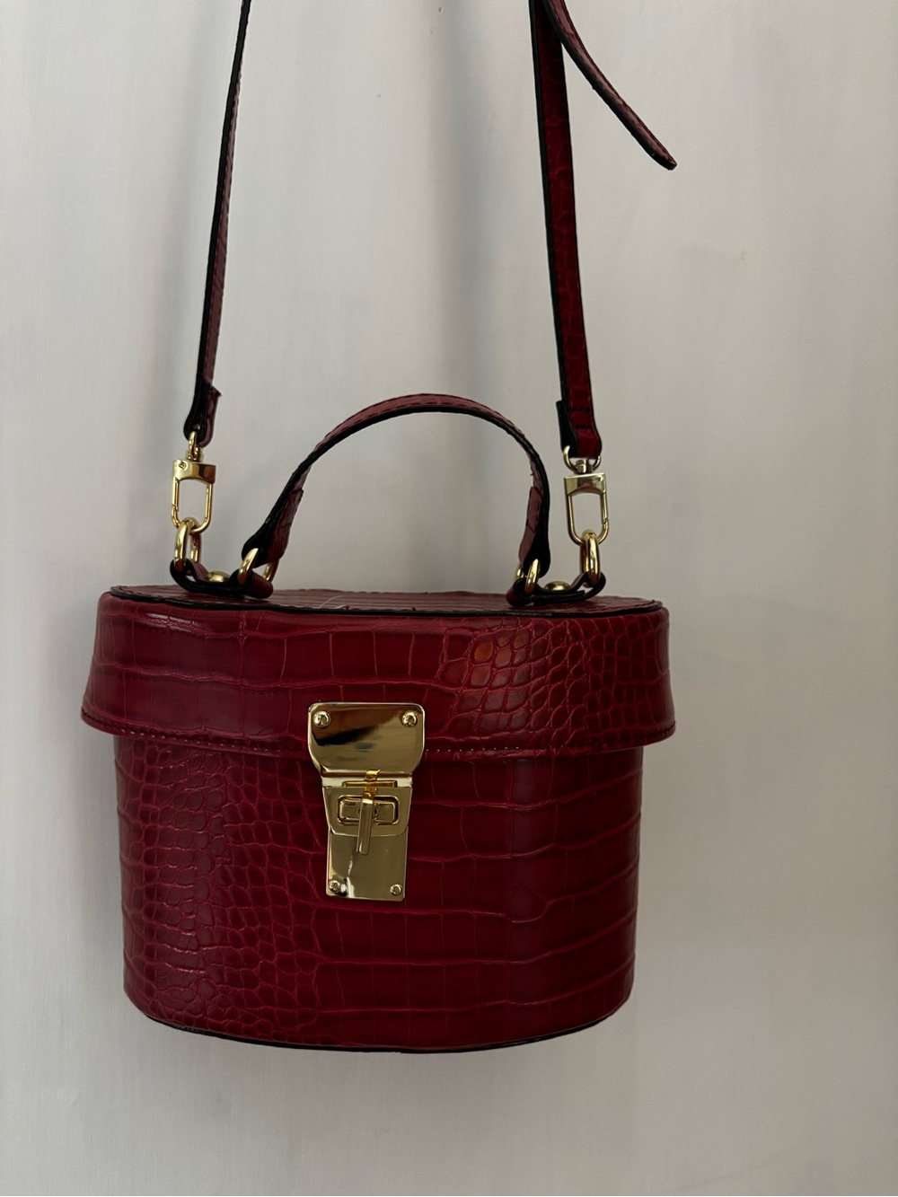 Red Croc-Embossed Top Handle Bag with Gold Hardware - Picture 7 of 9